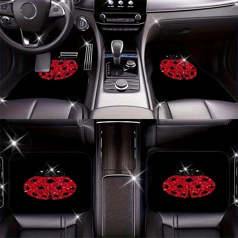 4pcs Seven-spotted Ladybug Print Floor Mats Set - Ultra-Soft Crystal Velvet, Anti-Slip Backing, Front& Rear Full Coverage, Auto