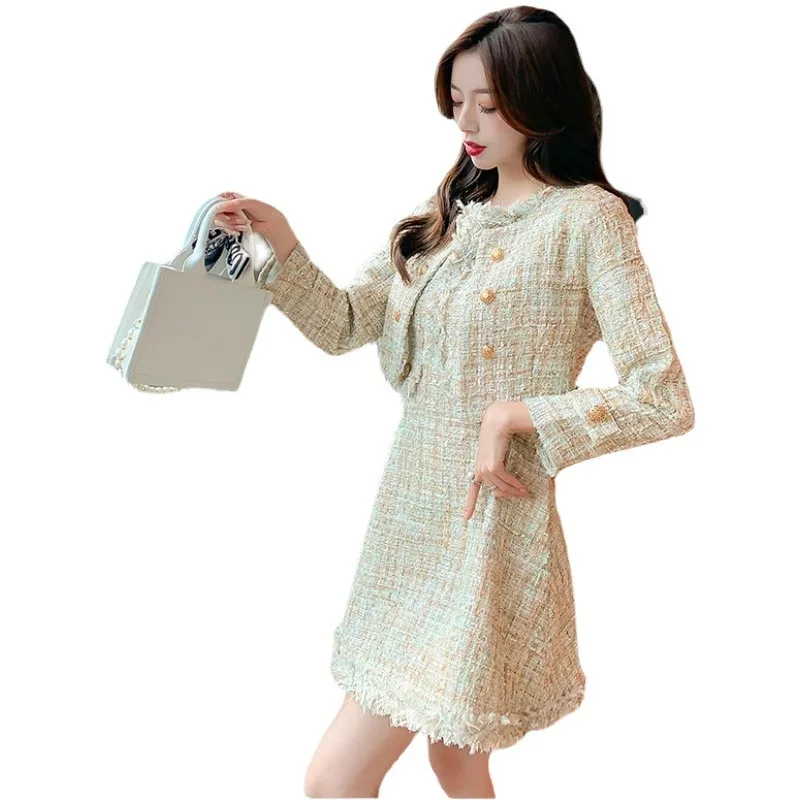 

Apricot color tweed jacket +dress sleeveless suit spring / autumn women's jacket fresh striped o-neck ladies 2 pieces skirt suit