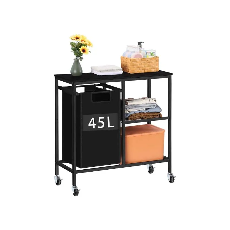 Laundry Hamper with Iron Side Shelf,Laundry Sorter with 45L Pull-Out and Removable Bags,Clothes Hamper with Wheels