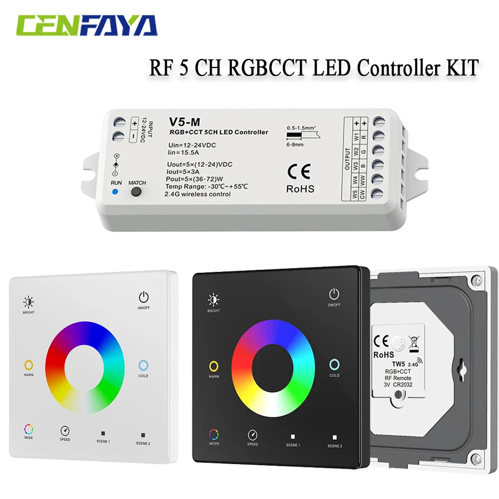 2.4G Wireless 5 Channel RGBCCT LED Controller with RF Remote Control For RGBW RGBWW RGB CCT Light Strips Color Chaning DC12V 24V