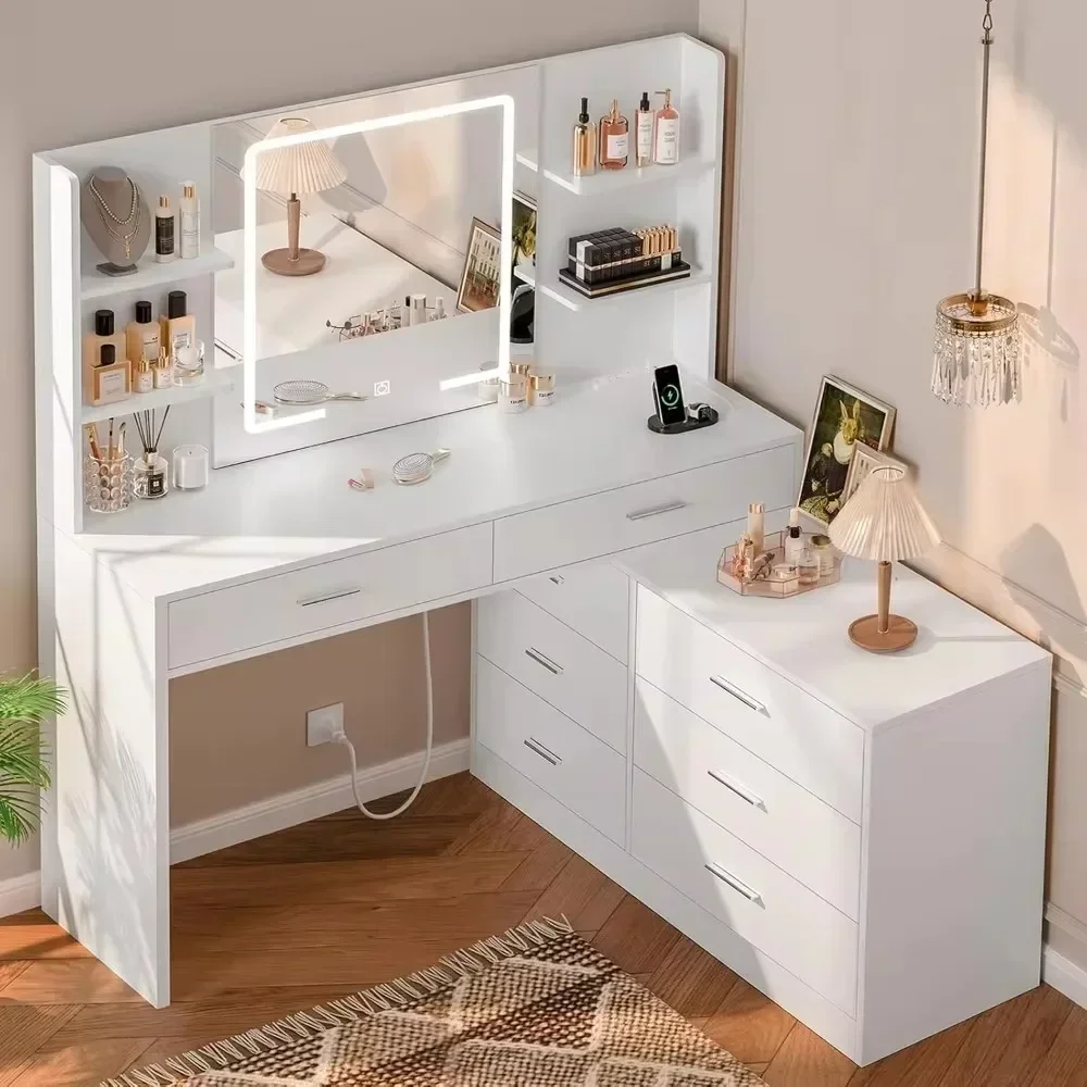 65.9 '' Modern Corner Makeup Dressing Table, Dressing Table with Storage Space, Dressing Table with Mirror and Lighting