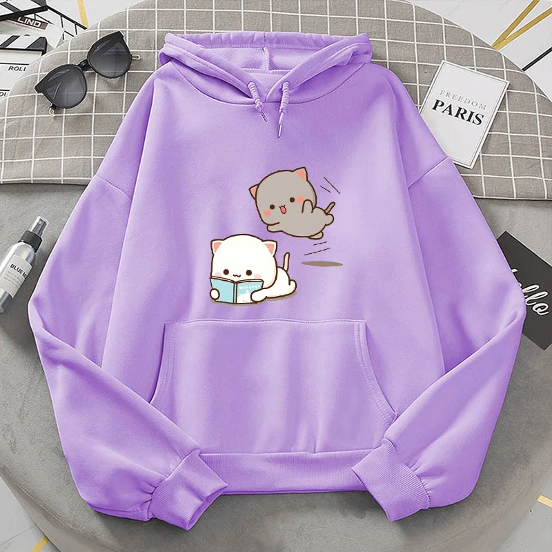 Novelty Design Couple Hoodies Kawaii Peach Cat Print Femme Hoodie Casual Winter Korean Style Camiseta Mujer Hoodie Wholesale