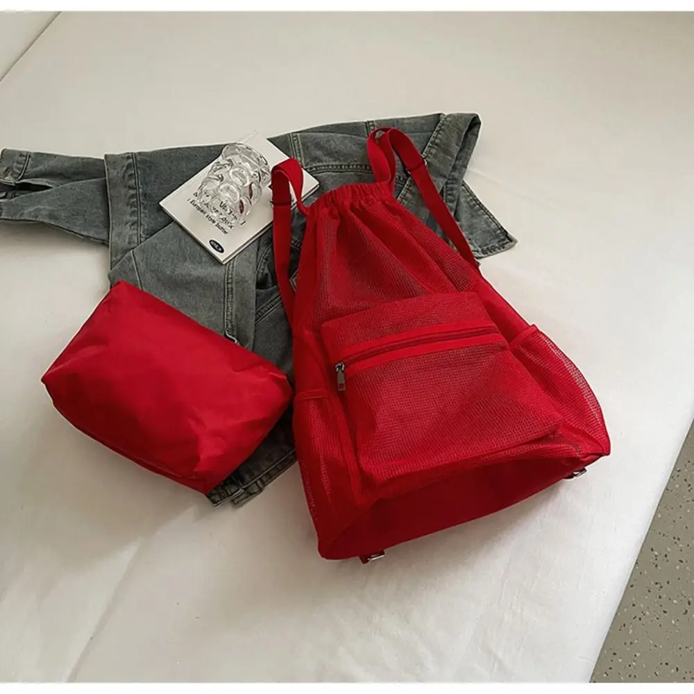 

Fashionable Korean Style Drawstring Backpack Hollow Portable Nylon Backpack Solid Color Shoulder Bag Mesh Beach Bag Travel