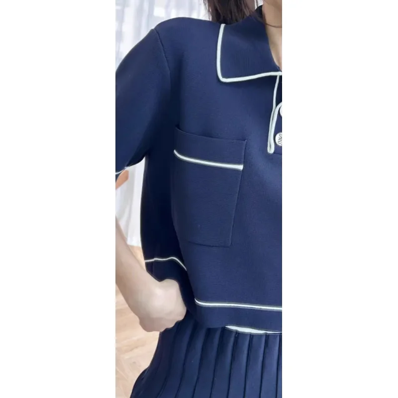 Traf official store French Preppy Style Dark Blue Classic Contrast Color Lapel Short Knitted Top Skirt Suit High-End Lady