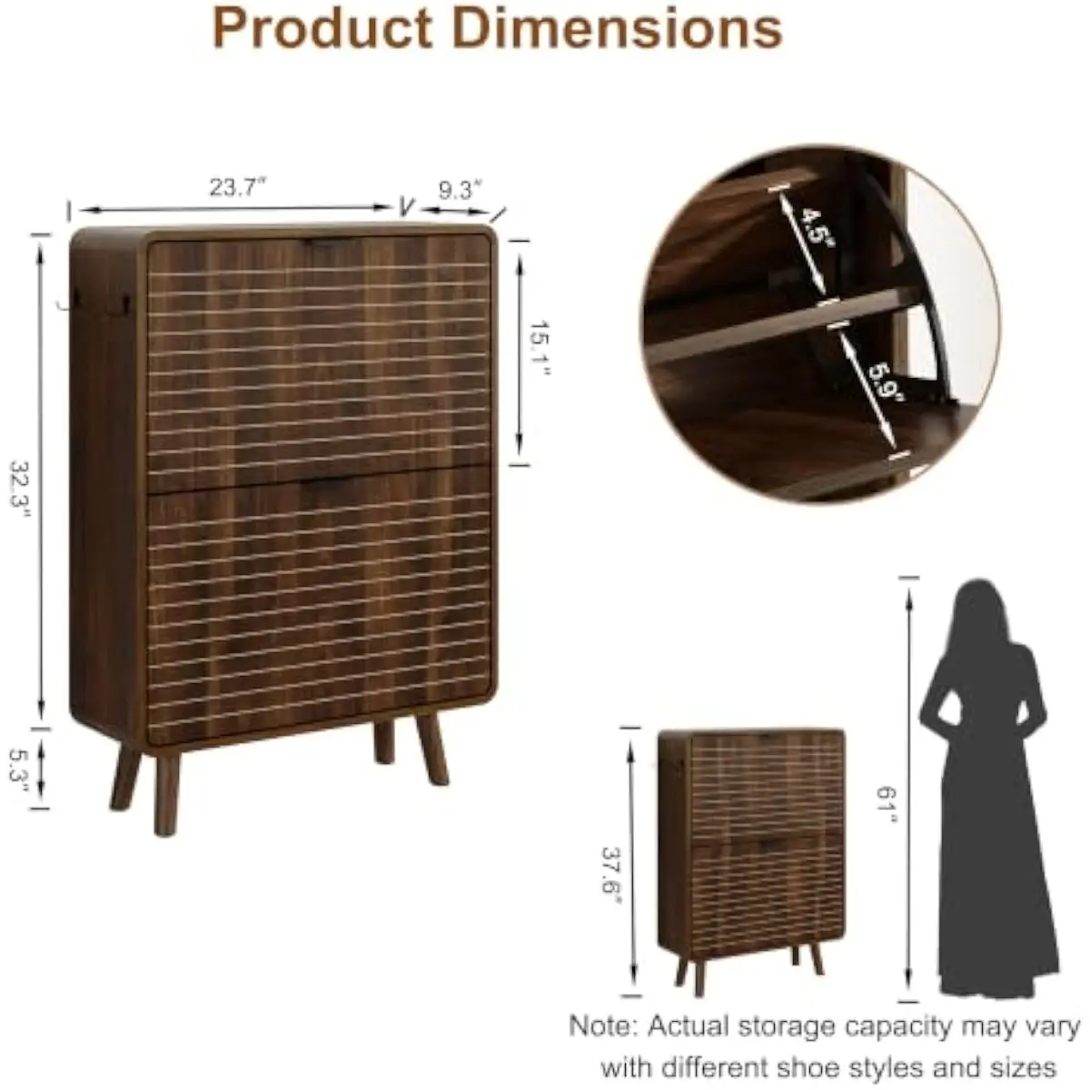 Slim Entryway Shoe Cabinet with Dual Flip Drawers Open Shelf Side Hooks and Bottom Storage Walnut Finish Fluted Texture Modern F