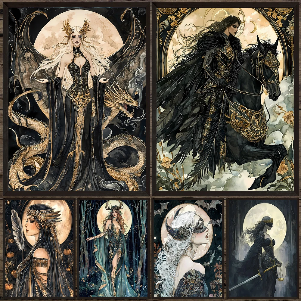 Póster e impresión de arte de diosa de fantasía oscura, bruja de luna plateada y Tiamat celestial, arte de pared de fantasía gótica, decoración de pintura en lienzo