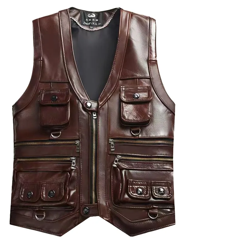 2023 Koeienhuid Echt Leren Vest Heren Gilet Mannelijk Mouwloos Jack Dik Motorvest Multi Pocket Lederen Biker Vest