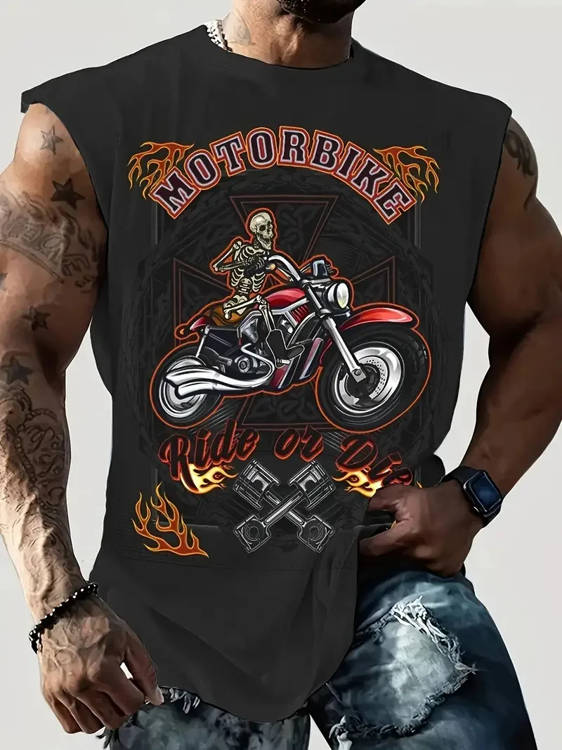 Summer New Men's Vest T-shirt Viking Motorcycle Pattern Round Neck Clothing Daily Fitness Sports Breathable Short-sleeved Tops