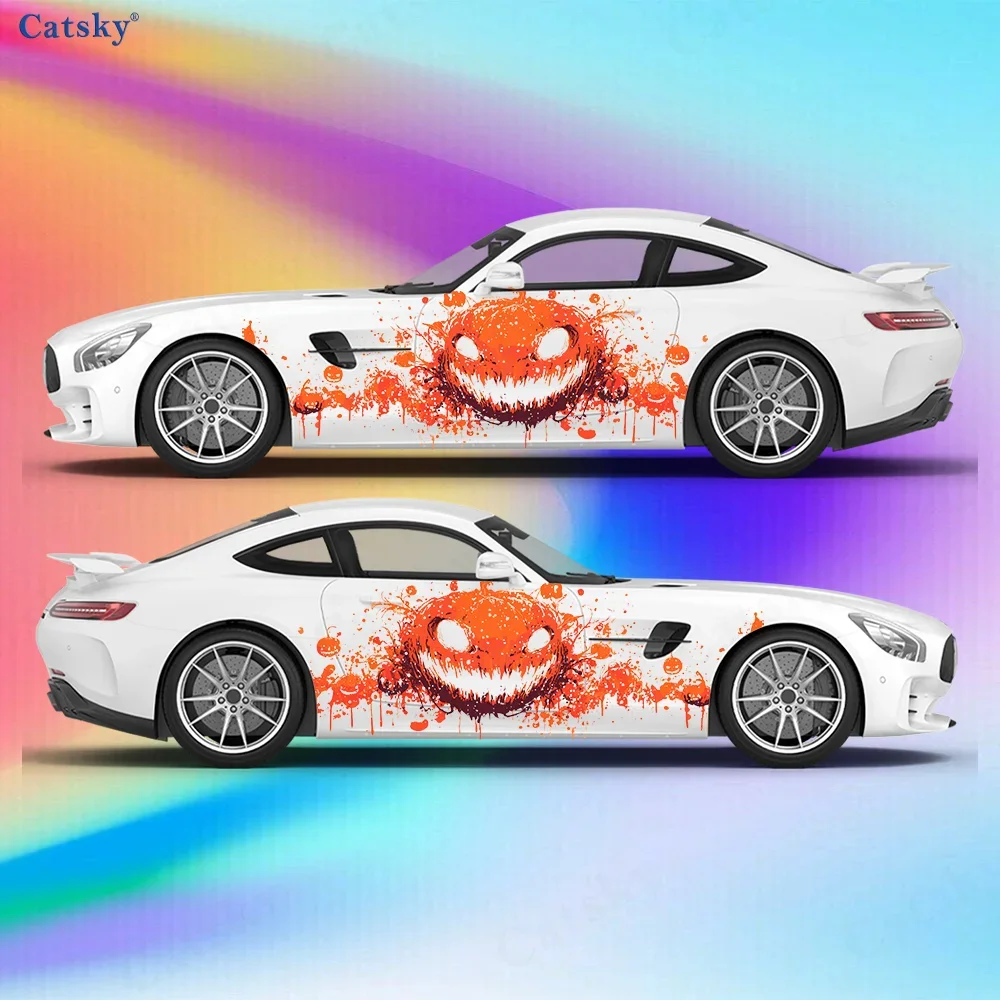 Horror Face Pumpkin Car Vinyl Wraps Decal Self-adhesive PVC Sticker Suitable for Trucks SUV Decoration Auto Accessories Gift