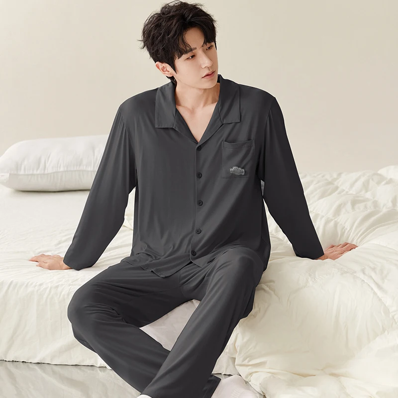 

Modal Pajamas Men's Spring and Autumn Simple Cardigan Long-sleeved Large Size Loose Men's Loungewear Two-piece Set