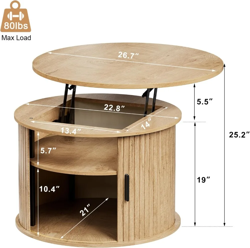 Round Lift Top Coffee Table with Fluted Drum Design, Sliding Door, Wood