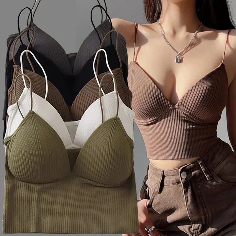 Women Camisole Slim Fit Sexy Stretch Push Up Bra with Chest Pads Cropped Navel Short Tube Top V-Neck Tops Sexy Babes Suspenders