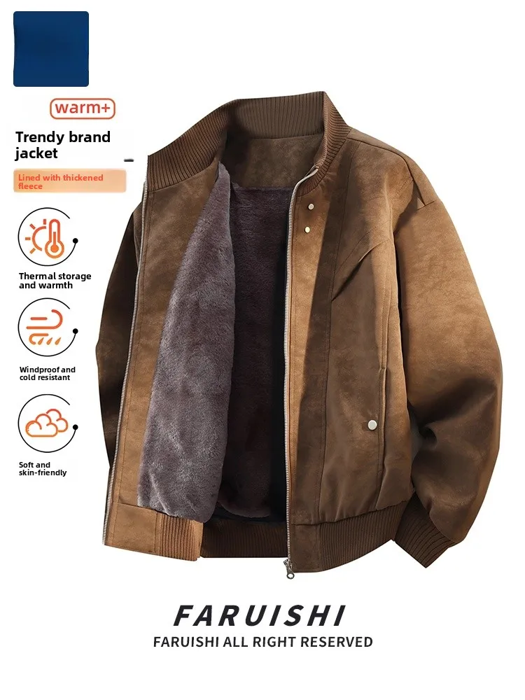 

2026 New American Barn Sle Fce Lined Thiened Baseball Collar Jaet Men's Leather Coat Winter Warm Casual Outerwear