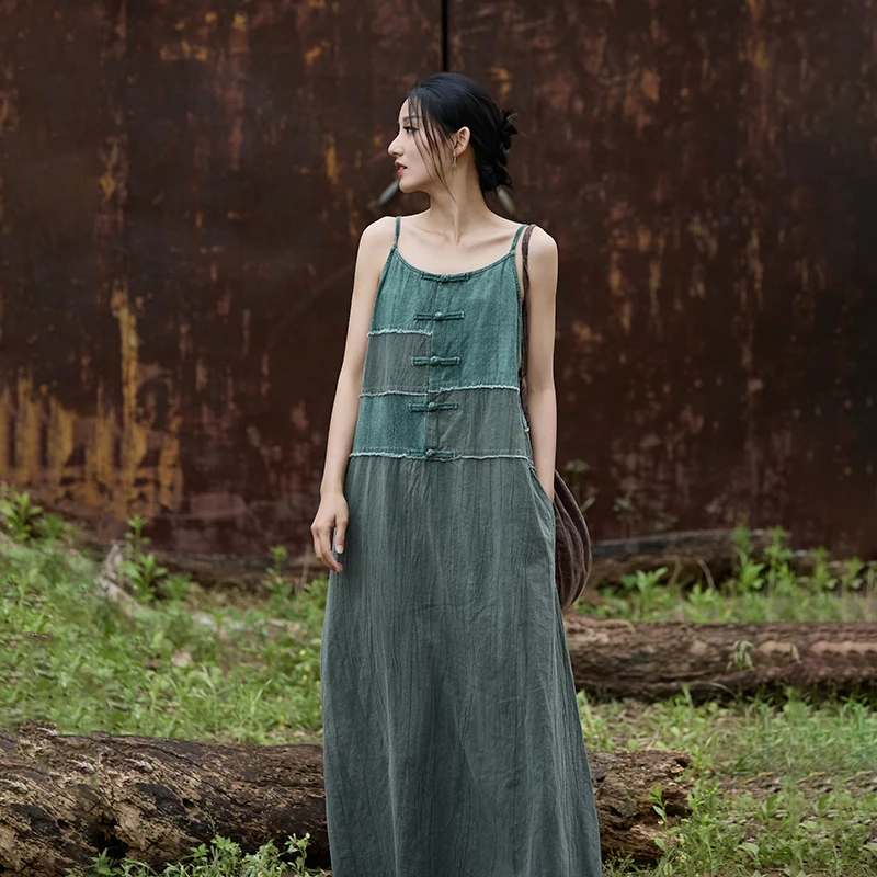 OriGoods Spaghetti Jurk Vrouw 2025, Nieuwe Zomer Lange Jurk Linnen Katoen Patchwork Onderjurk Vrouw Elegante Vestidos B314 - afbeelding 2