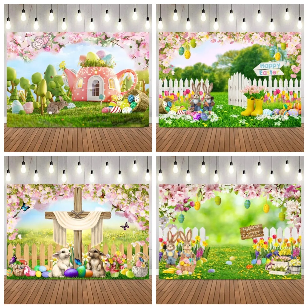 

Easter egg flower fence rabbit dream garden style Backdrop, children's family portrait birthday party decoration photo Backdrop