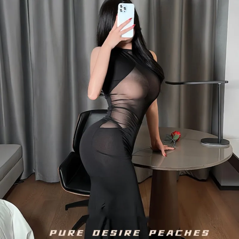 Sexy Dress Perspective Mesh Split Tight Thin Tearable Tight Wrapped Hip Dress Sexy dresses nightclub party girl cheap clothes