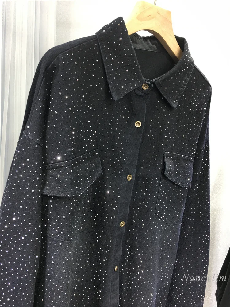 Autumn Heavy Hot Drilling Coat Women's Fashion Rhinestone Casual Mid-Length Long Sleeve Black Denim Shirt Loose Street Top 2024