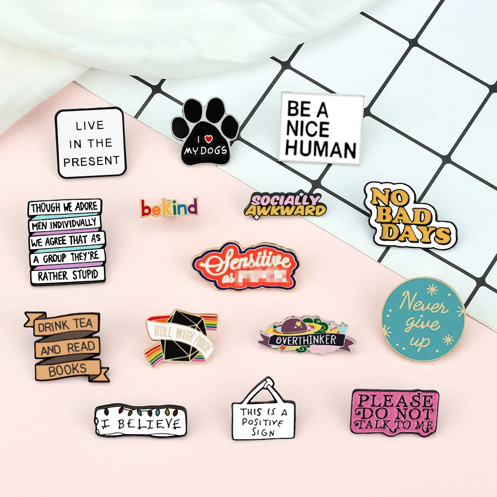 25 Styles Quotes Tag Enamel Pins Funny Motivational Letter Brooches Dog Paw Lapel Pin Shirt Bag Badges Jewelry Gifts for Friends