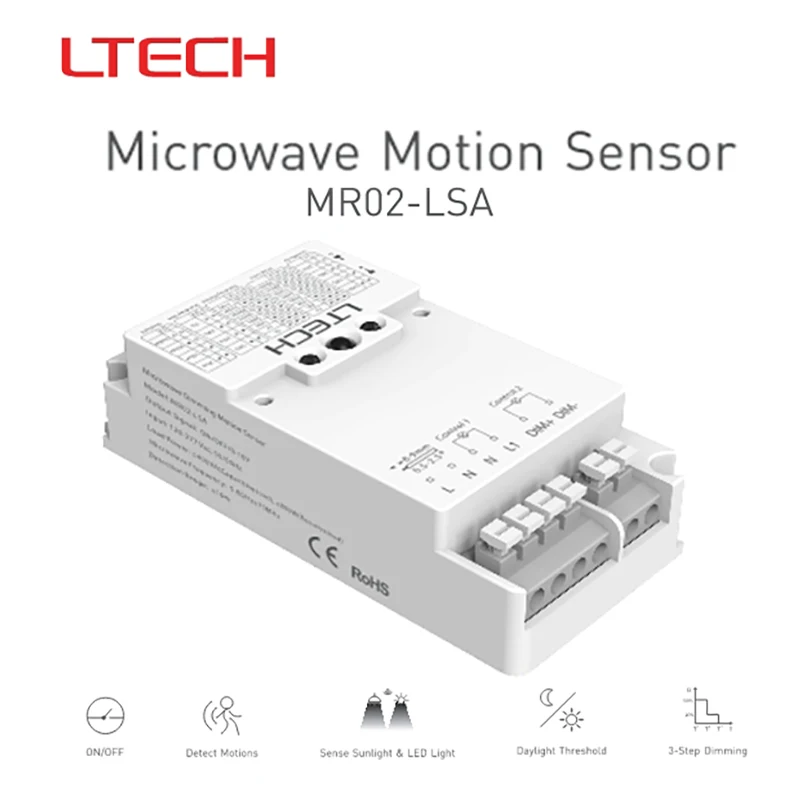 Датчик движения LTECH с микроволновым излучением, драйверы 0-10В, включение/выключение, 2-ступенчатое/3-ступенчатое диммирование для прихожих, лестниц и офисов.