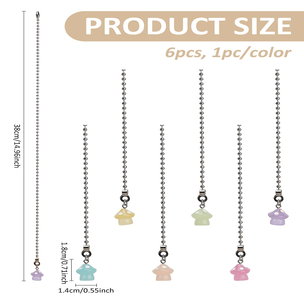 6Pcs Resin Mushroom Charms Ceiling Fan Pull Chain Extenders Luminous Opaque Pendants with Ball Chains Mixed Color Decorative
