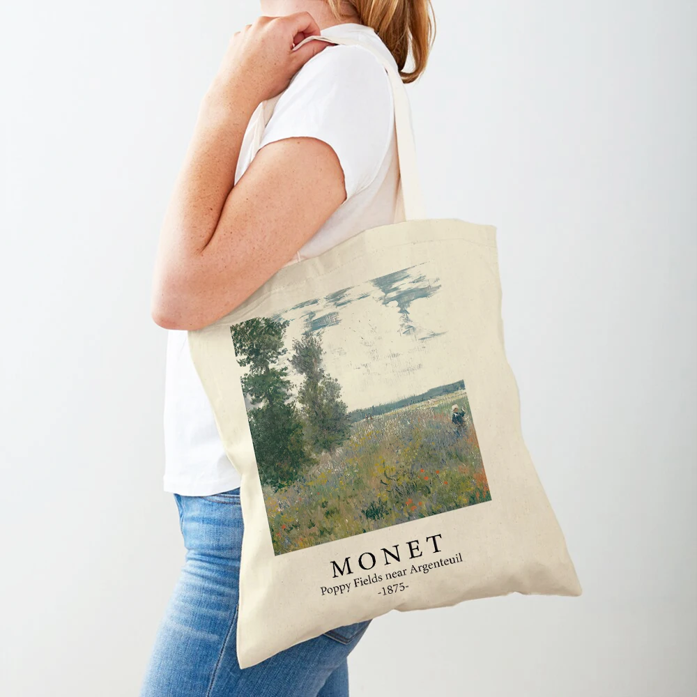 Impressionism Artist Claude Monet Shoulder Shopper Bag Women Shopping Bags Double Print Casual Lady Canvas Tote Handbags