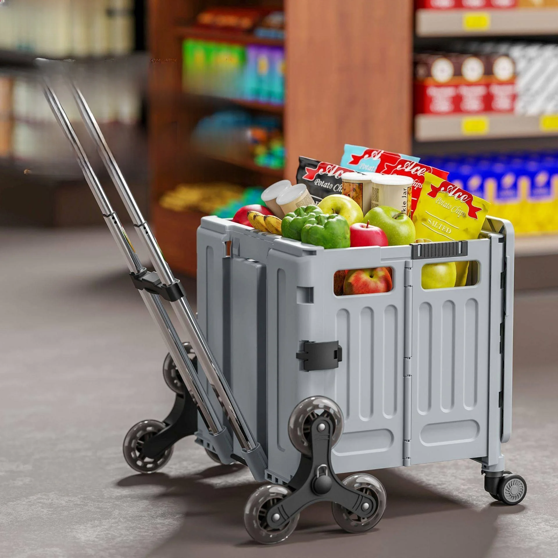 大型で頑丈な高齢者向けショッピングカート、ポータブルマーケット野菜買い手押しカート、階段も登れる耐久性のあるプラスチック製折りたたみ式カート