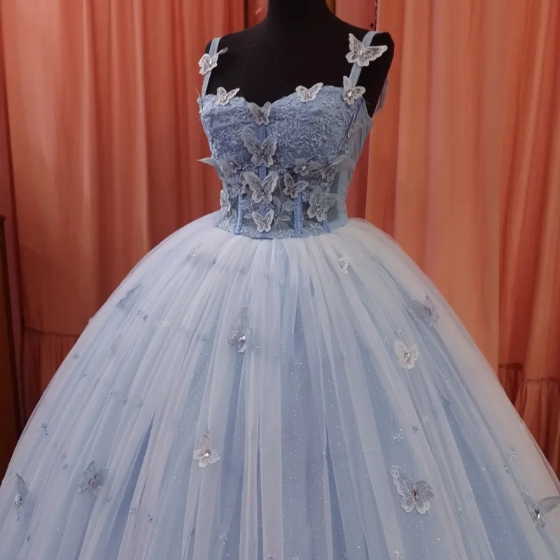 

simple aqua blue Quinceanera Dress Lace crystal Tull Butterfly decal vestidos de 15 Quinceanera ﻿Customized