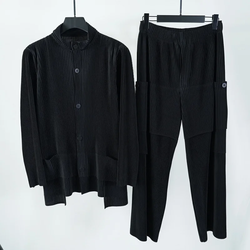 Miyake Folds 2025 Spring and Autumn New Style Coarse Toothpick Standing Collar Irregular Coat Straight Leg Pants Two Piece Set