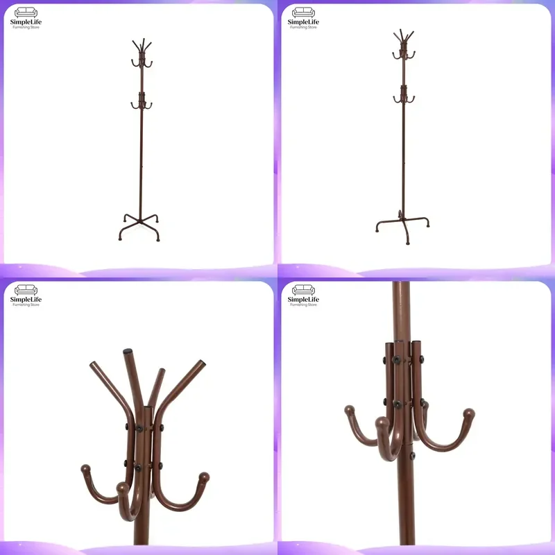 Brown Powder Coated Metal Round Coat Rack Wall Mounted Hook Hanger for Bedroom Hallway Entryway Hanging Hats Clothes