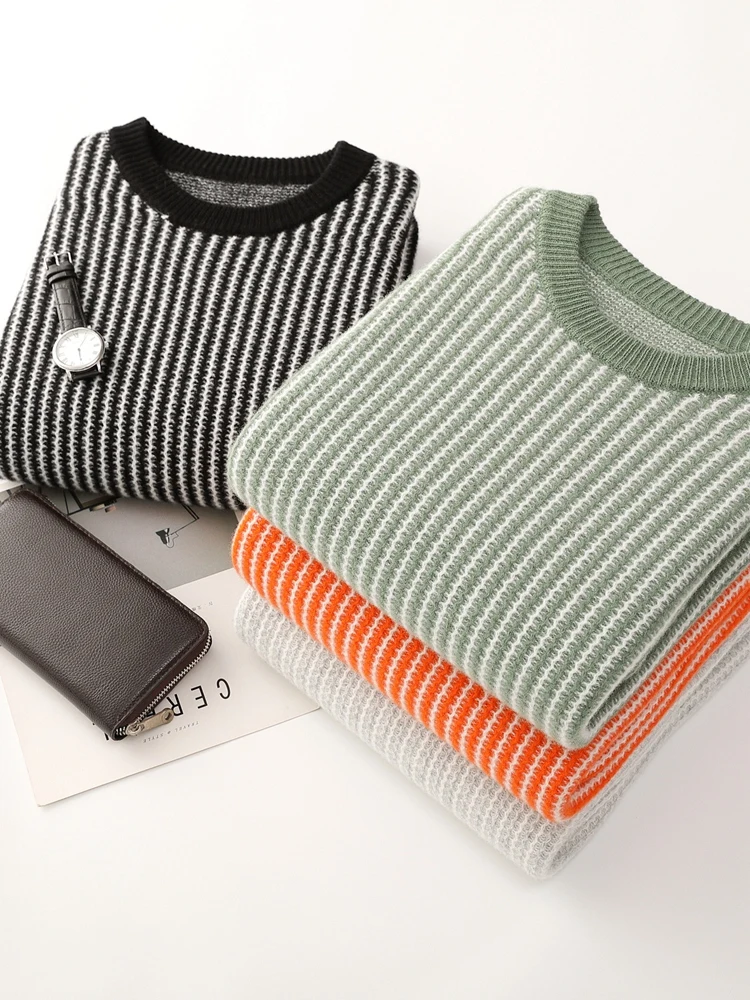 Sweter Jacquard Kerah O Pria Musim Gugur Musim Dingin Atasan Pakaian Pria Pullover Longgar Kasual Rajutan Wol Merino 100% Hangat Lembut Tebal