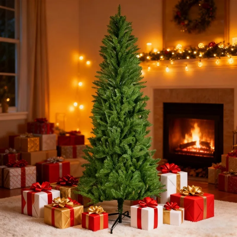 

Green Artificial Christmas Tree with Gift Boxes Classic Christmas Decoration for Living Room Fireplace Holiday Ornament
