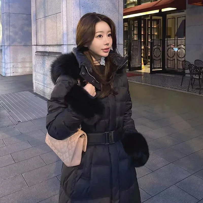 2024 Women Winter New Real Fox Fur Collar Down Coats Female Long Thick Warm Hooded Jackets Ladies White Duck Down Overcoats N286