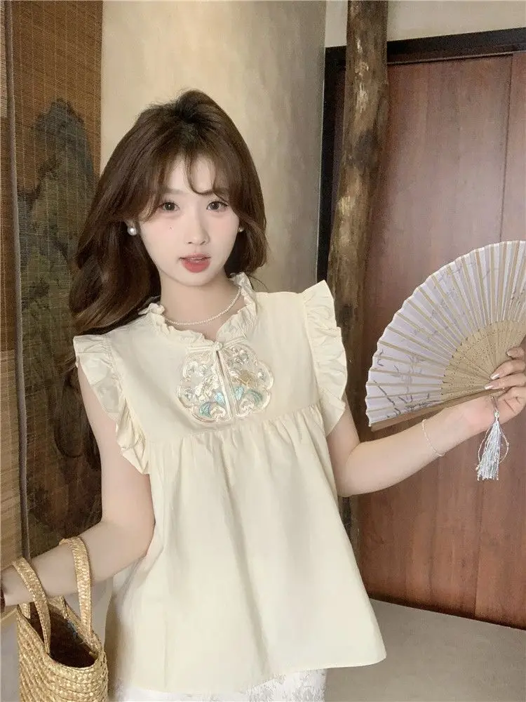 

Ele Embroidered Loose Fit irt Women's Summer New Sle Agel Charm Small Flng Sve Button up Top Chinese Sle