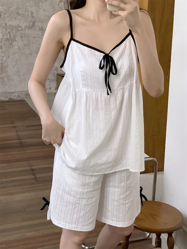 

Simple Sweet Solid White Sleeveless Sexy Korean V-Neck Pajama Set Women Holiday Bowknot Loose Comfortable Vacation Sleep Tops