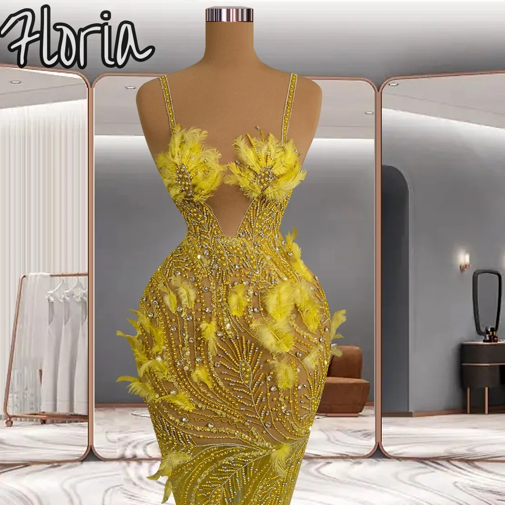 

Handmade Feathers Yellow Spaghetti Strap Evening Dress Beaded Pearls Mermaid Sweep Floor Length Special Occation Gowns