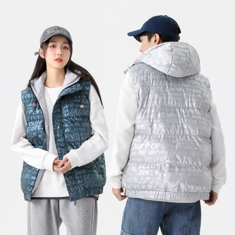 Winter Down Coat Vest Men Thicken Warm Letter Print Causal Vintage Puffer Jacket Unisex Oversized Women Vests Coats Couple Wear