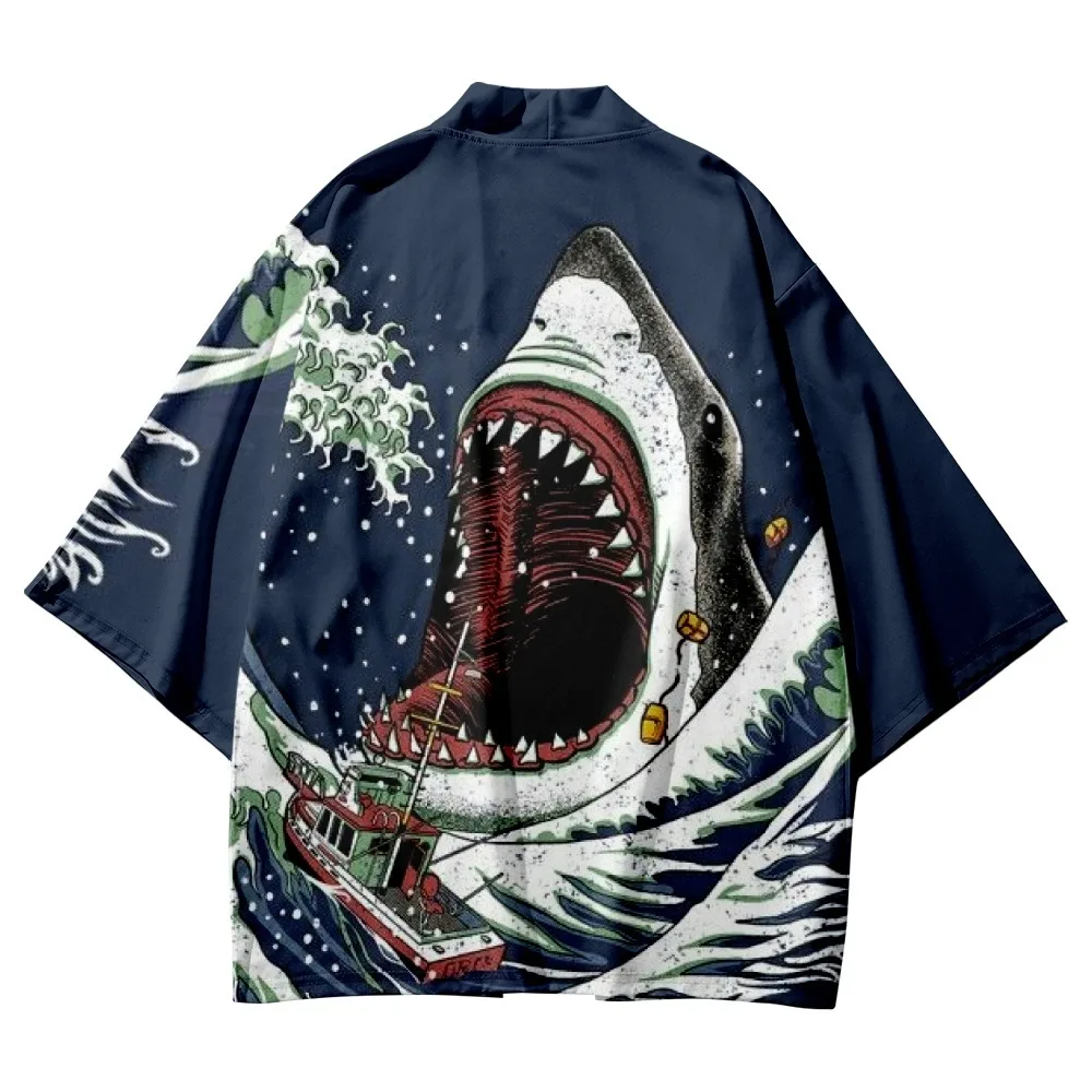 

Cartoon Shark Printed Couple Women Men Japanese Kimono Cardigan Beach Shorts Harajuku Casual Loose Streetwear