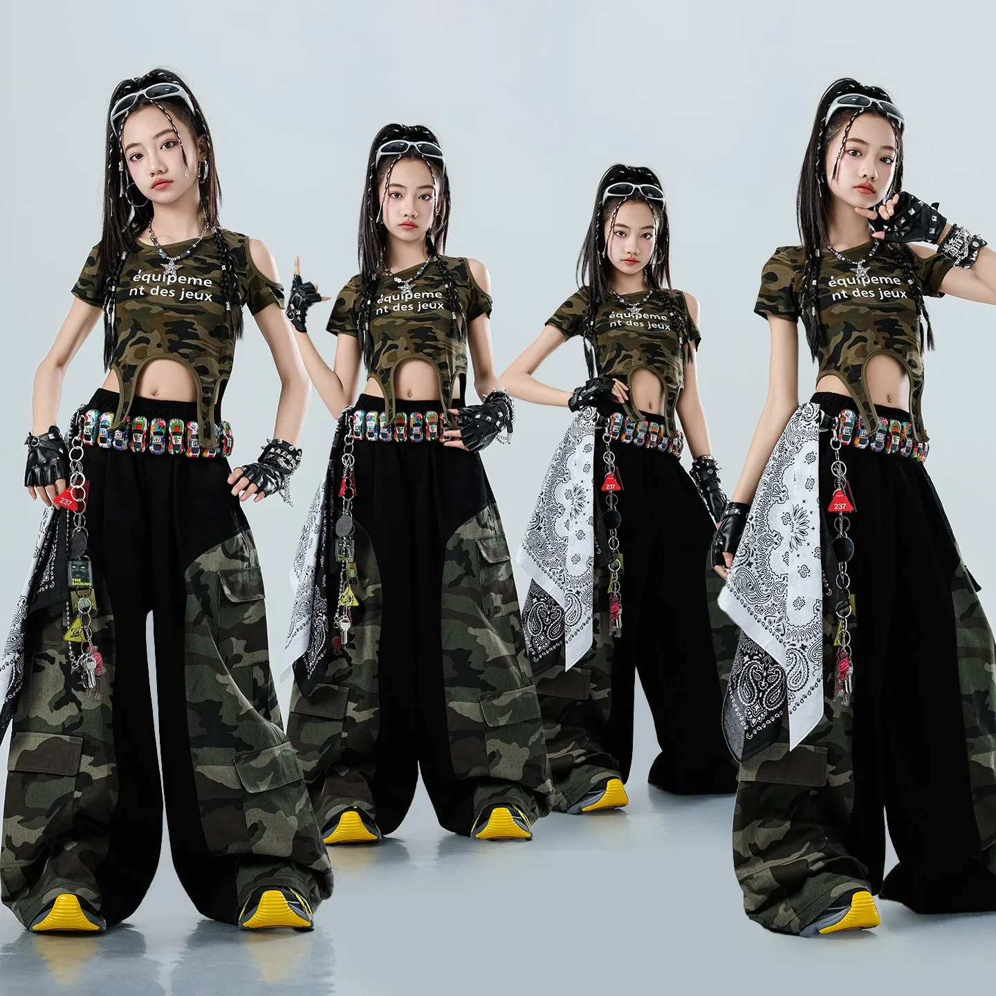 vetements-de-danse-jazz-pour-enfants-hauts-et-pantalons-camouflage-a-manches-courtes-pour-filles-costume-d'ete-hip-hop-tenue-de-spectacle-de-danse-kpop-moderne-bl19489