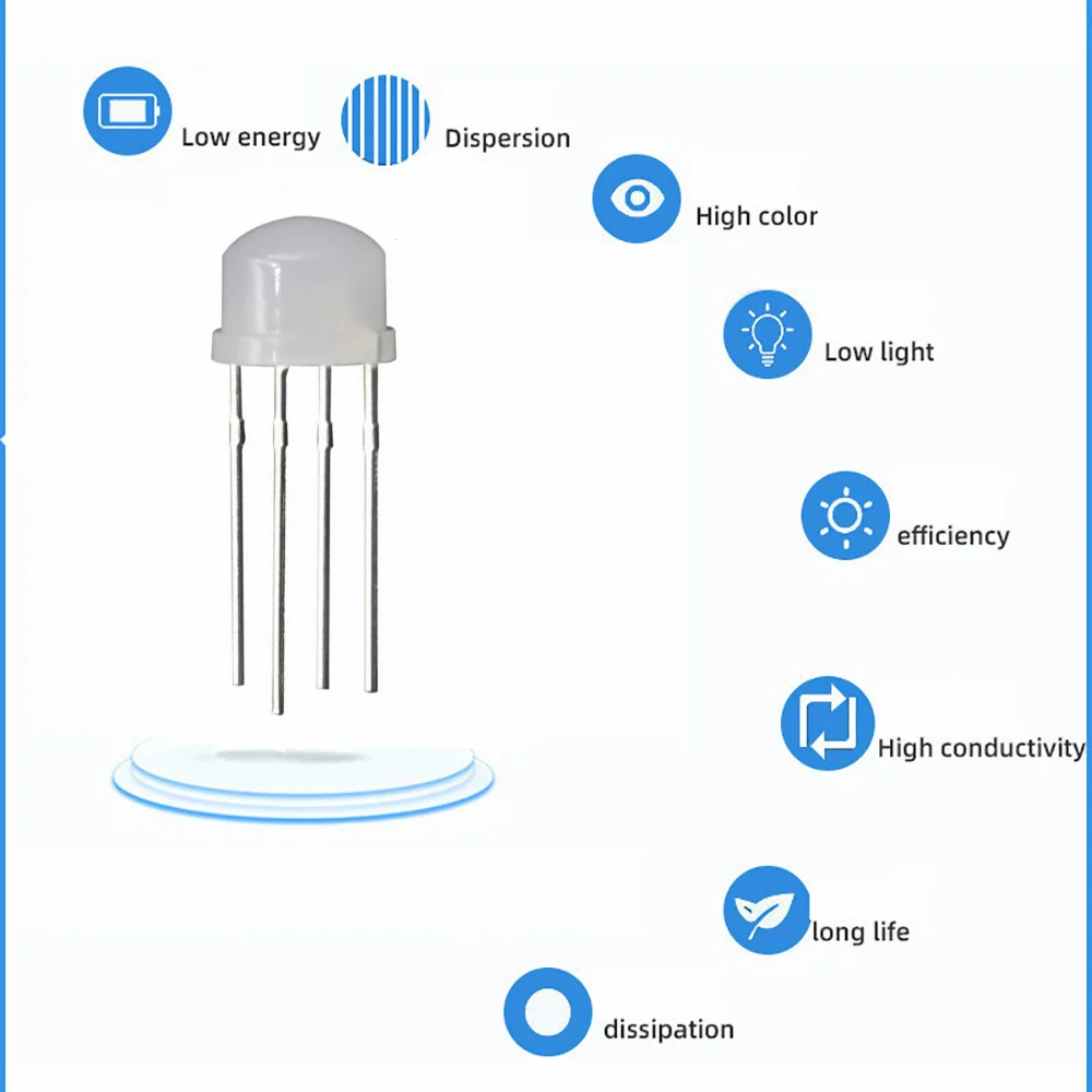 10Pcs 8mm Fog Diffused RGB LED Diode Lights 4Pins Common Cathode/Anode Straw Hat Electronics Components Light Emitting Diodes