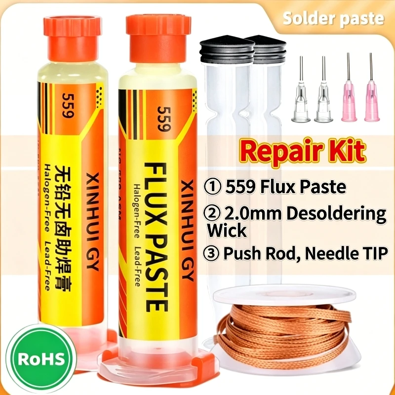 Desoldering Braid+NC‑559 Flux Paste Syringe Kit,Solder Remover Wick Set For Electronic PCB Component Rework and Soldering Repair