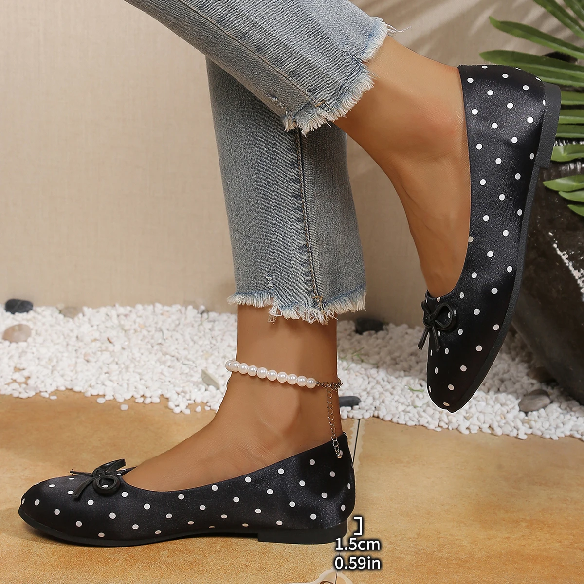 Damen-Ballerinas mit Polka-Dot-Muster und Schleife, runde Zehenpartie, Slip-On, lässige flache Schuhe – Detail 24