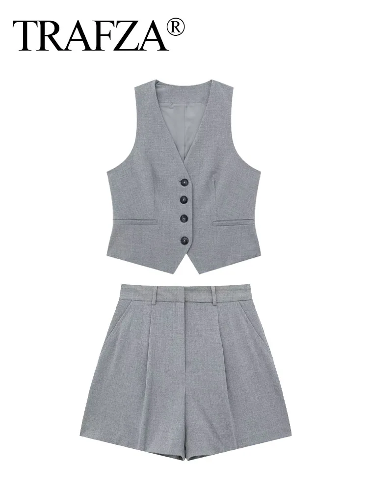 TRAFZA Shorts Suit For Women Vintage Grey V-neck Single Breasted Sleeveless Vests Top Zipper Fly Short Pant Office Lady Sets