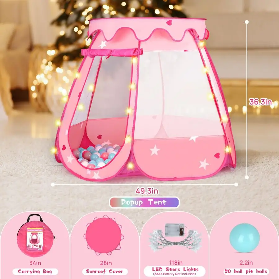 

Яма для мячей для малышей с 50 мячами, всплывающая палатка принцессы с звездными огнями, подарок на день рождения для 1, 2, 3 лет, детская девочка 1218 месяцев