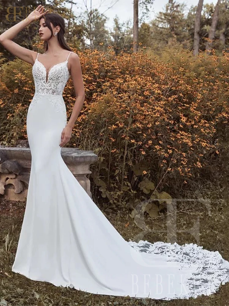 BEBEKEY Aangepaste Sexy Kant Trouwjurk Spaghettibandjes Zeemeermin Bruiloft Jurk Backless Bruidsjurken Formele Toga Gewaad