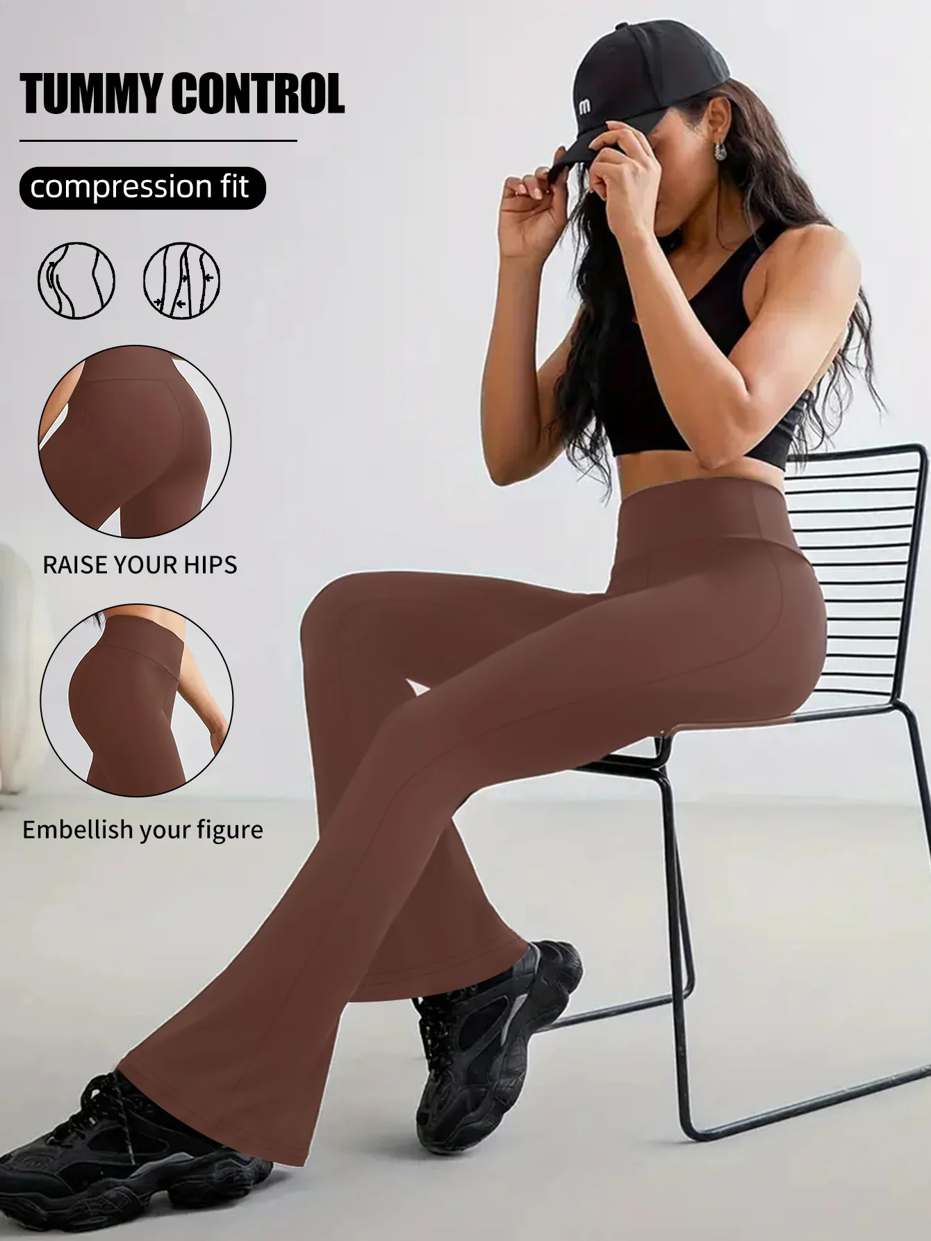 

Casual Office Commute Flare Pants Women High Waist Skinny Fit Tummy Control Hip Lifting Soft Polyester Floor Length Trousers