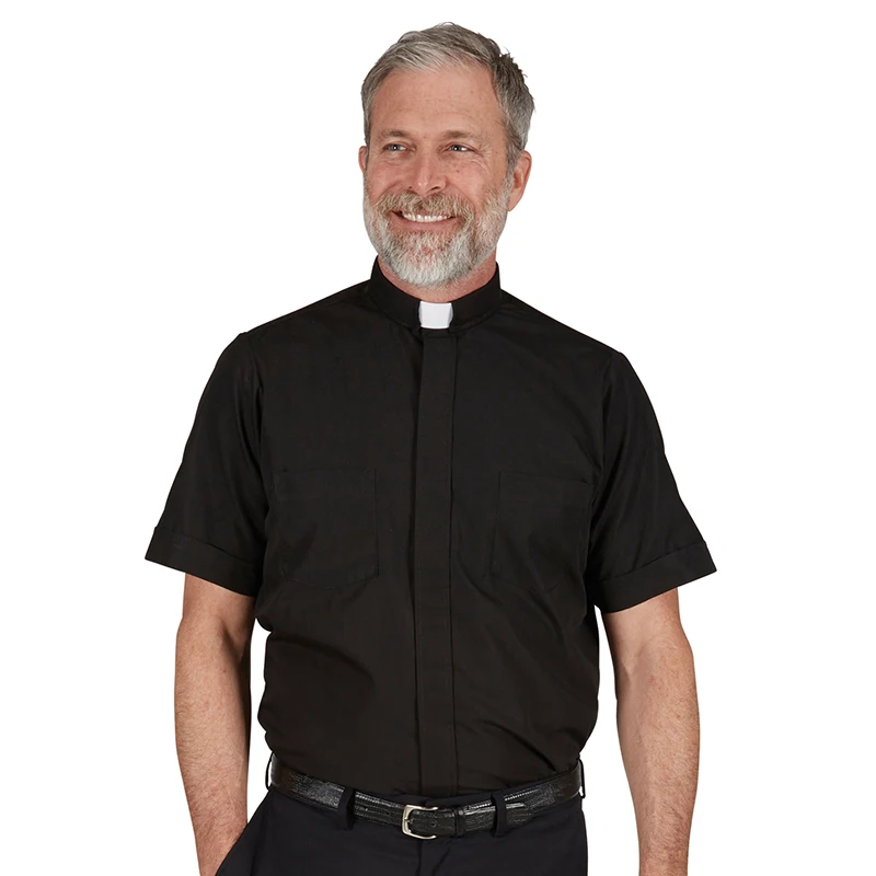 

Summer Clergy Shirt Men Short Sleeve Tab Collar Christian Catholic Black Tops Pastor Preacher Minister Clerical Priest Costume