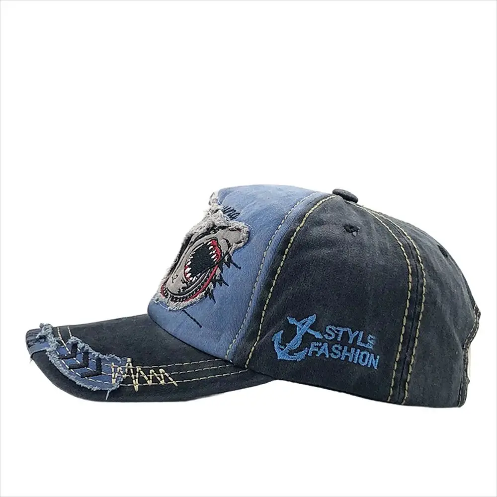 Berretto da baseball con squalo ricamato alla moda Cappello snapback regolabile con animali Cappello da sole lavato Berretto da camion Sport all'aria aperta