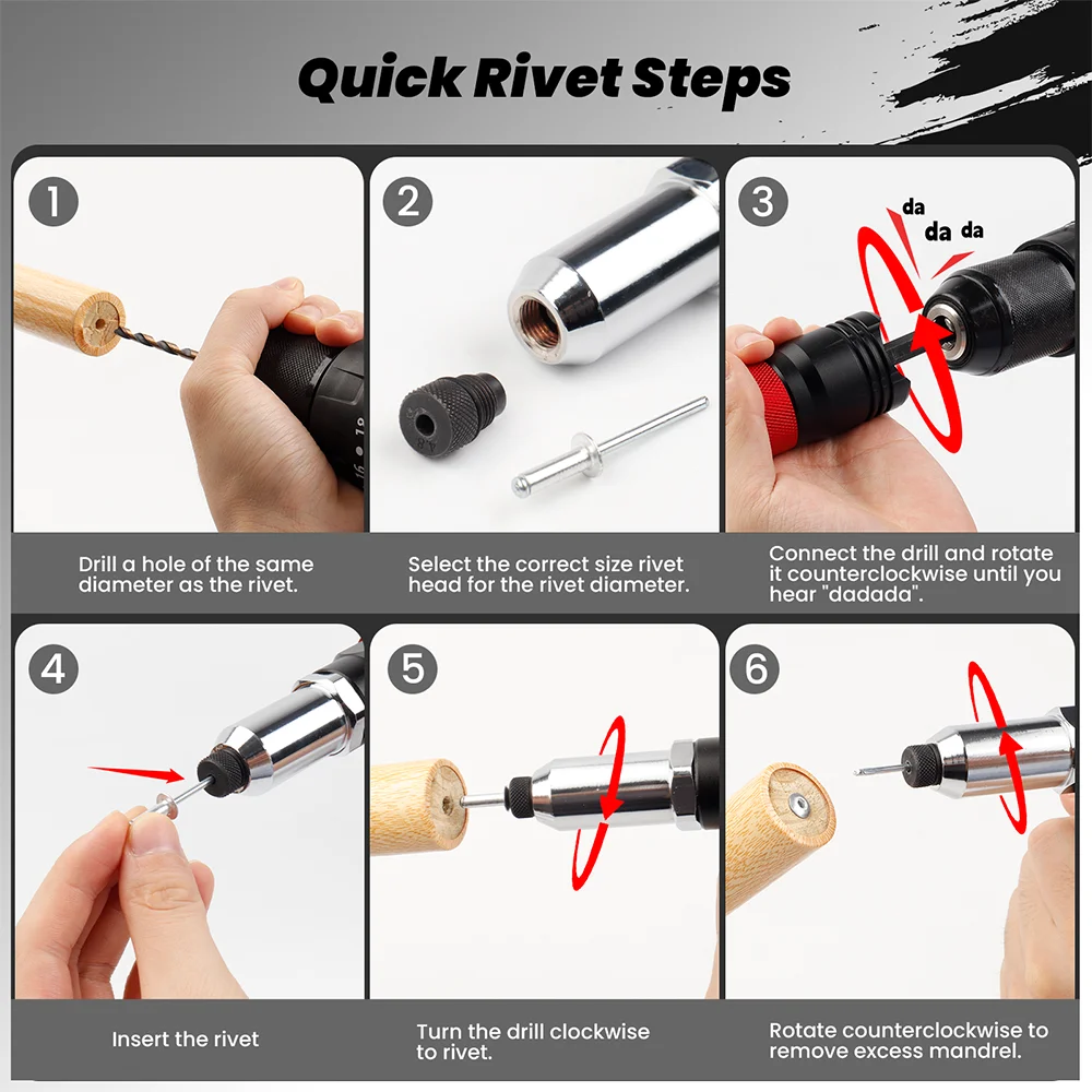 Remachadora, adaptador de pistola remachadora eléctrica, herramienta de remachado doméstica de 2,4 mm-3,2 mm-4,0 mm-4,8 mm-6,4 mm con mango, remachadora multifunción inalámbrica, adecuada para taladros eléctricos