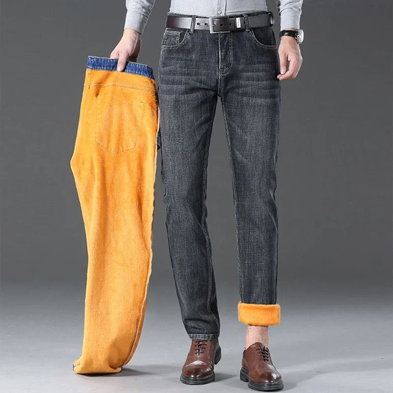 Pantalones vaqueros rectos sueltos de felpa cálidos para nieve de invierno para hombre, pantalones vaqueros gruesos con forro polar a la moda para hombre, pantalones casuales cómodos