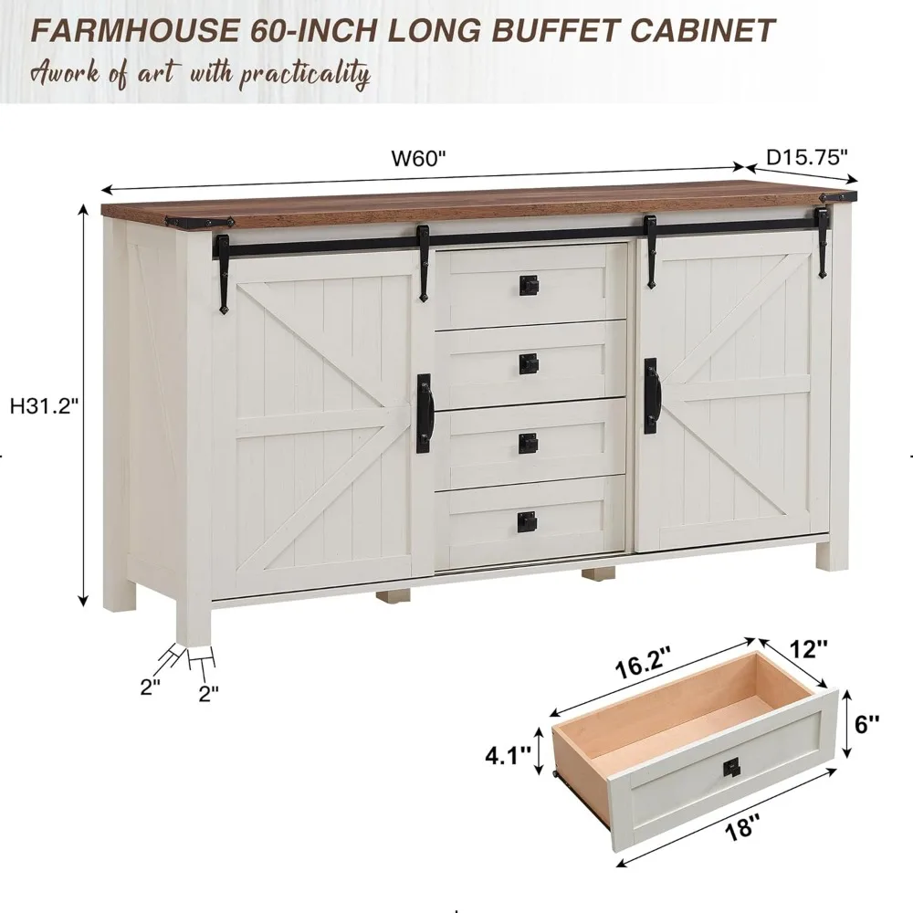 Armário buffet de aparador de fazenda com armazenamento, armário de cozinha grande de 60" com portas deslizantes de celeiro e 4 gavetas, para sala de jantar